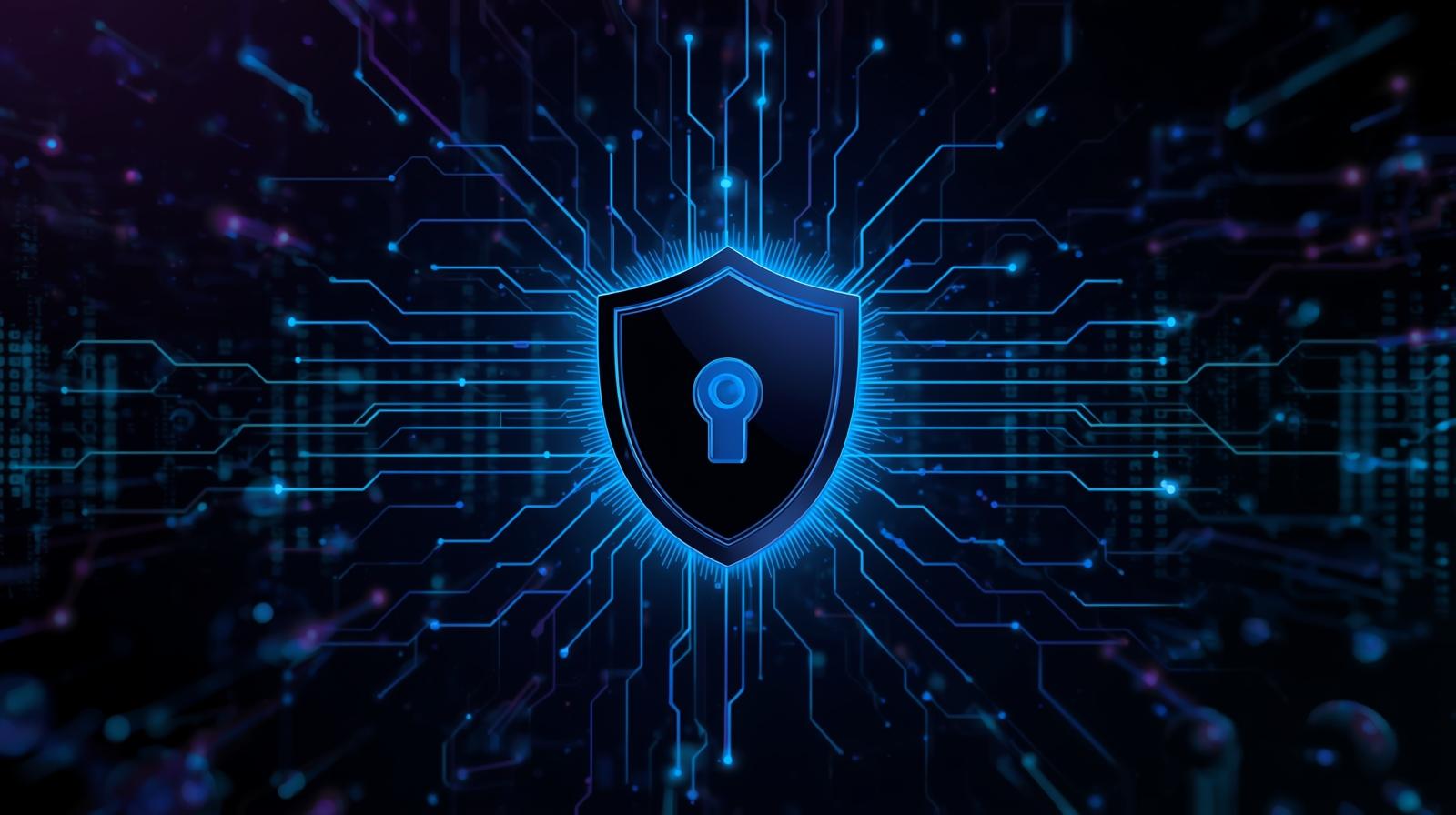 CyberShieldScan security dashboard showing shield protection and network monitoring visualizations